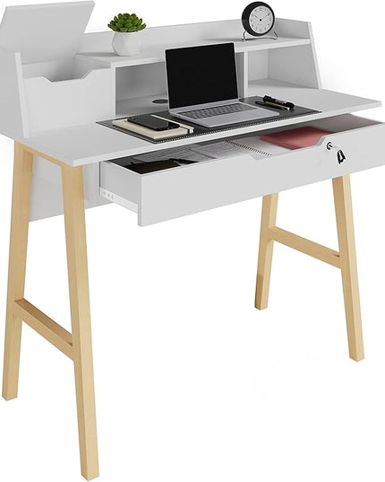 Roma Writing Desk - Elegant Wood Study Desk With Storage, Cable Holes & Drawers - Work Table for Home, Office, Dorm, Small Spaces - Compact Black Desk, 40x19x36.9” (white) - LeafyLoom
