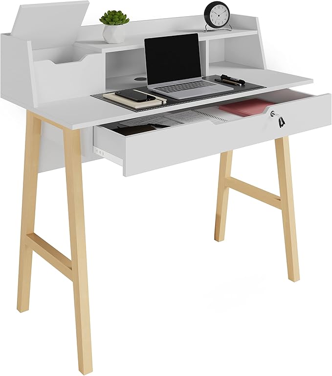 Roma Writing Desk - Elegant Wood Study Desk With Storage, Cable Holes & Drawers - Work Table for Home, Office, Dorm, Small Spaces - Compact Black Desk, 40x19x36.9” (white) - LeafyLoom