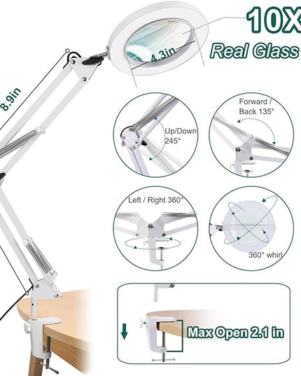 10X Magnifying Glass with Light, Krstlv Real Glass Lens Desk Lamp & Clamp, 3 Color Modes Stepless Dimmable, Hands Free LED Lighted Magnifier with Light and Stand for Reading Crafts Close Works - White - LeafyLoom