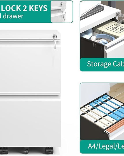 2 Drawer Mobile File Cabinet with Lock,Under Desk Metal Filing Cabinet for Home Office, Metal Small Rolling File Cabinet with 2 Keys for Legal/Letter/A4 Size Fully Assembled Except Wheels (White) - LeafyLoom