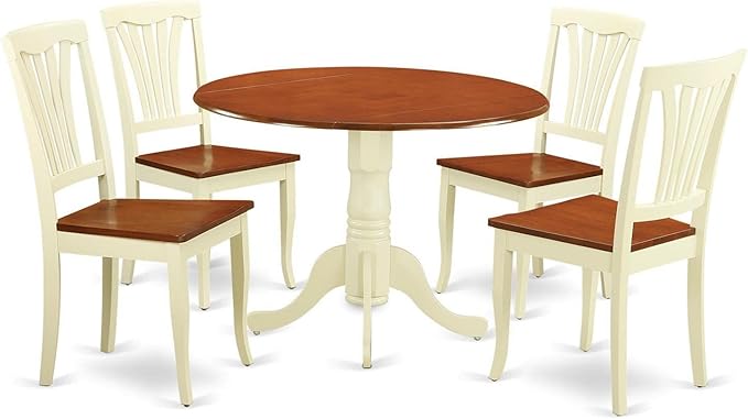 East West Furniture DLAV5-BMK-W 5 Piece Kitchen Table Set for 4 Includes a Round Dining Room Table with Dropleaf and 4 Solid Wood Seat Chairs, 42x42 Inch, Buttermilk & Cherry - LeafyLoom