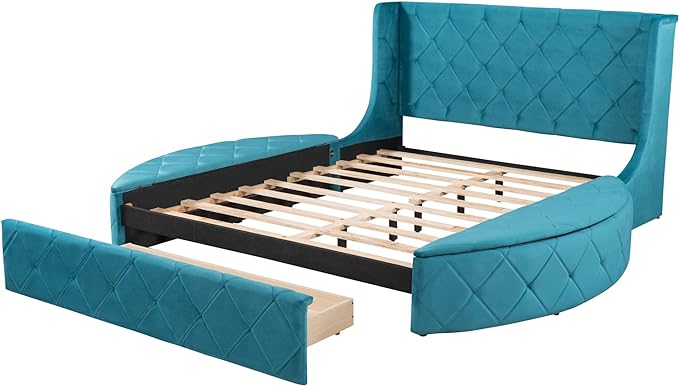 Velvet Upholstered Platform Bed Frame Queen Size with Wingback Headboard, Solid Wood Storage Bed with Spacious Drawer and Convenient Side Storage Stools, Elegant Design, Blue - LeafyLoom