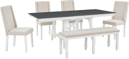 RITSU Farmhouse 6-Piece Dining Set, Included Solid Wood Rectangular Extendable Table with Two 12" W Removable Leaves and 4 Upholstered Chairs & Bench, Kitchen Dinette Furniture, Gray+White - LeafyLoom