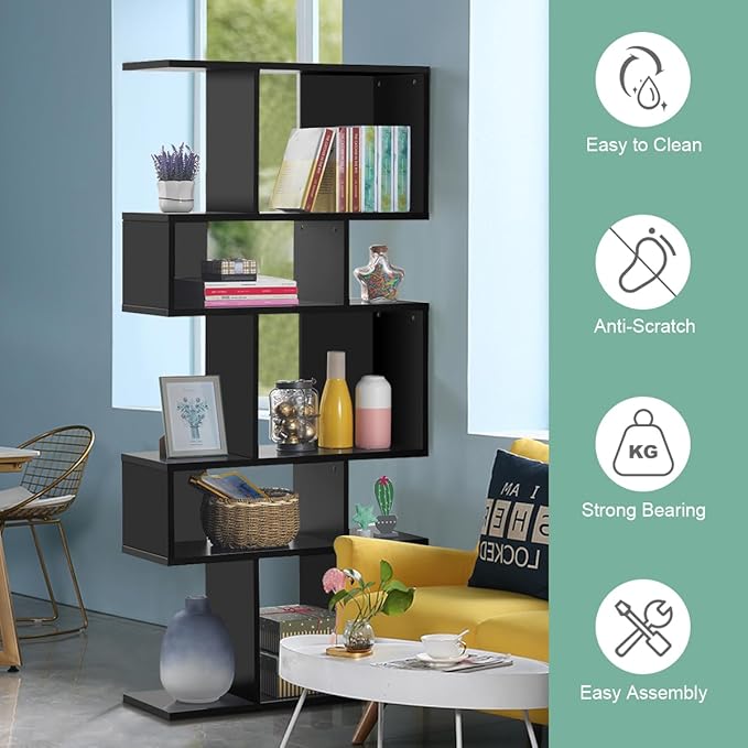 Giantex 5-Tier Geometric Bookshelf Black Set of 2, 70'' Tall Wood Freestanding Decorative Display Open Shelves with Anti-Tipping Device, Each Shelf Holds up to 44 lbs, Wooden S Shaped Bookcase - LeafyLoom