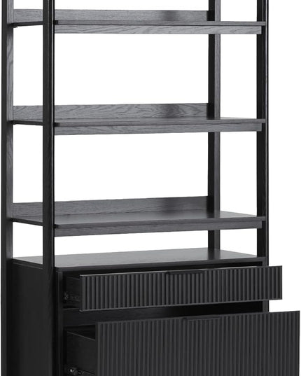 Walker Edison Modern Reeded 4-Shelf Bookshelf Bottom, 33 Inch, Two-Drawer Black - LeafyLoom