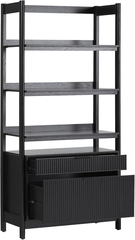 Walker Edison Modern Reeded 4-Shelf Bookshelf Bottom, 33 Inch, Two-Drawer Black - LeafyLoom