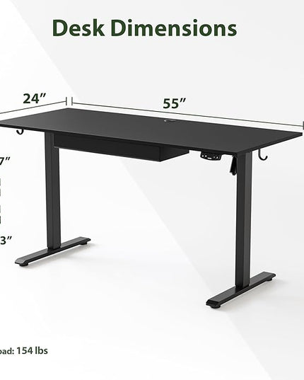 Adjustable Height Electric Standing Desk with Storage Wooden Drawer, 55 x 24 Inches Stand Up Home Office Computer Gaming Table with Splice Board for Work Office Home, Black - LeafyLoom