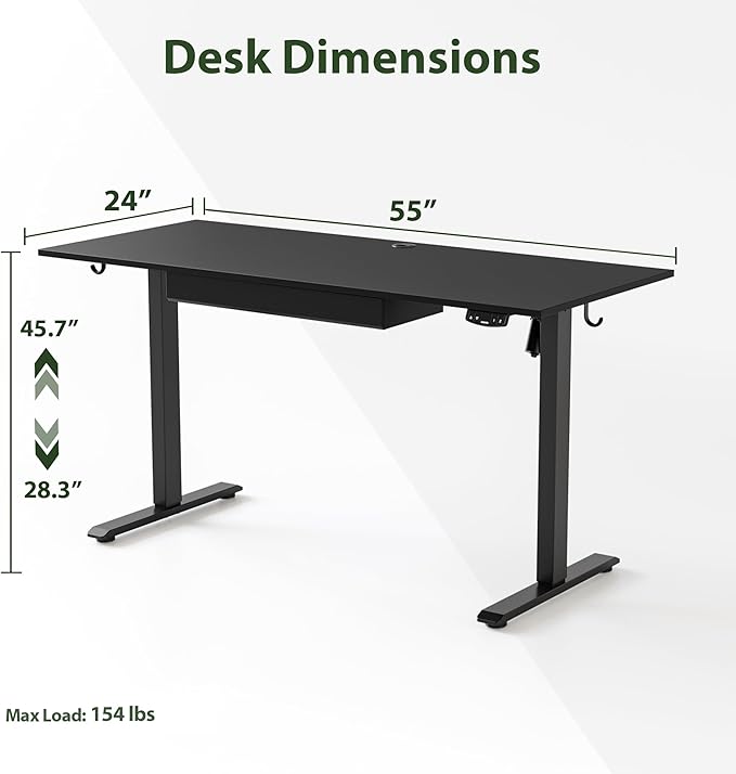 Adjustable Height Electric Standing Desk with Storage Wooden Drawer, 55 x 24 Inches Stand Up Home Office Computer Gaming Table with Splice Board for Work Office Home, Black - LeafyLoom