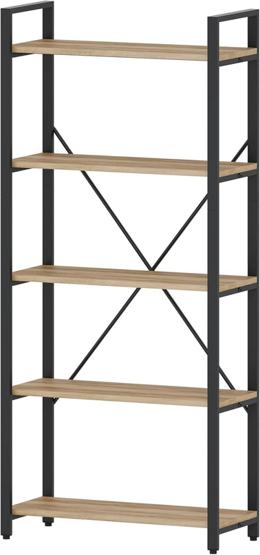 FATORRI 5 Tier Bookshelf, Industrial Wood and Metal Book Shelves for Display, Tall Etagere Bookcase and Rustic Shelving Unit (Rustic Oak) - LeafyLoom