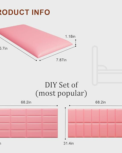 Peel and Stick Headboard Pink Upholstered Wall Panels, 4 Panels Sized 7.8" x 15.7", 3D Anti-Collision Soundproof Self-Adhesive Wall Panel for Bedroom，Living Room - LeafyLoom