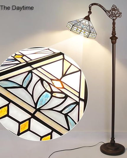 Capulina Tiffany Floor Lamp 62 Inches Tall Mission Hexagon Virgin Style Stained Glass Soft Light Arched Gooseneck Adjustable Angle Reading Floor Lamp for Living Room Bedroom Home Office - LeafyLoom
