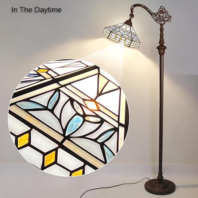 Capulina Tiffany Floor Lamp 62 Inches Tall Mission Hexagon Virgin Style Stained Glass Soft Light Arched Gooseneck Adjustable Angle Reading Floor Lamp for Living Room Bedroom Home Office - LeafyLoom
