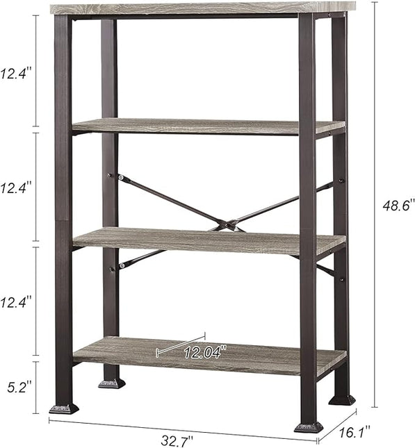 HOMBAZAAR Bookshelf, 4-Tier Vintage Industrial Book Shelf, Rustic Wood and Metal Bookcase and Bookshelves, Free Standing Storage Large Bookshelf for Living Room, Bedroom and Kitchen, Grey Oak - LeafyLoom