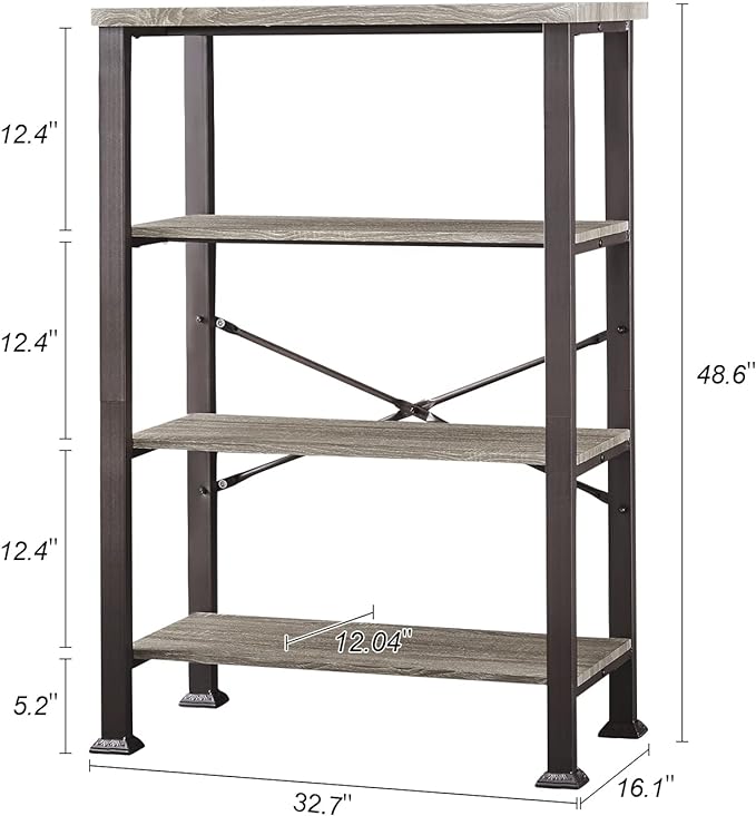 HOMBAZAAR Bookshelf, 4-Tier Vintage Industrial Book Shelf, Rustic Wood and Metal Bookcase and Bookshelves, Free Standing Storage Large Bookshelf for Living Room, Bedroom and Kitchen, Grey Oak - LeafyLoom