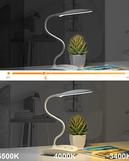 DEEPLITE Battery Operated Desk Lamp, LED Desk Light 3 Lighting Stepless Dimming, Table Lamp 5W Touch Control Eye Caring, Flexible Gooseneck, Portable Reading Light for Dorm Study Bedroom (Set of 2) - LeafyLoom