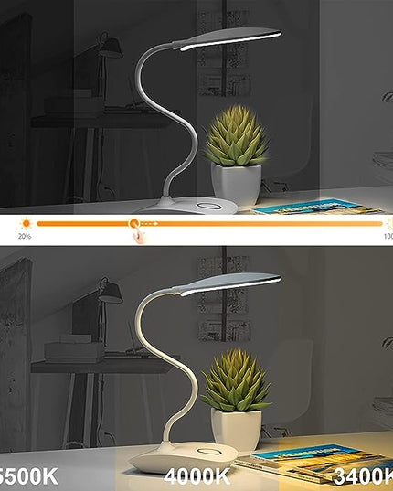 DEEPLITE Battery Operated Desk Lamp, LED Desk Light 3 Lighting Modes Stepless Dimming, Table Lamp 5W Touch Control Eye Caring, Flexible Gooseneck, Portable Reading Light for Dorm Study Office Bedroom - LeafyLoom