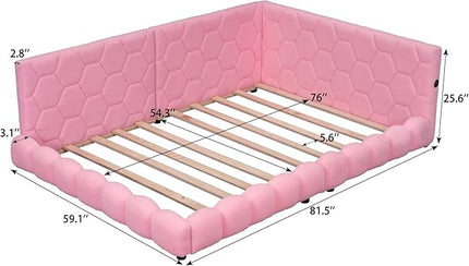Full Size Upholstered Daybed Sofa Bed with L-shaped Headboard, USB Ports and LED Belt, Pink - LeafyLoom
