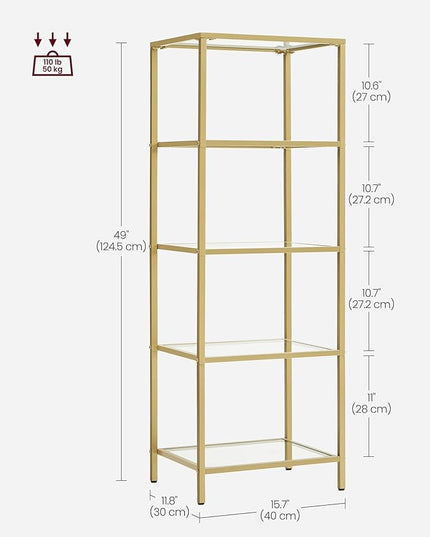 VASAGLE Bookcase, 5-Tier Bookshelf, Slim Shelving Unit for Bedroom, Bathroom, Home Office, Tempered Glass, Steel Frame, Metallic Gold ULGT029A01 - LeafyLoom