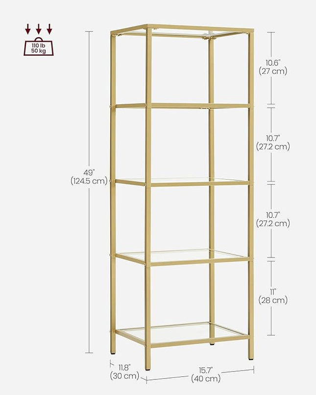 VASAGLE Bookcase, 5-Tier Bookshelf, Slim Shelving Unit for Bedroom, Bathroom, Home Office, Tempered Glass, Steel Frame, Metallic Gold ULGT029A01 - LeafyLoom