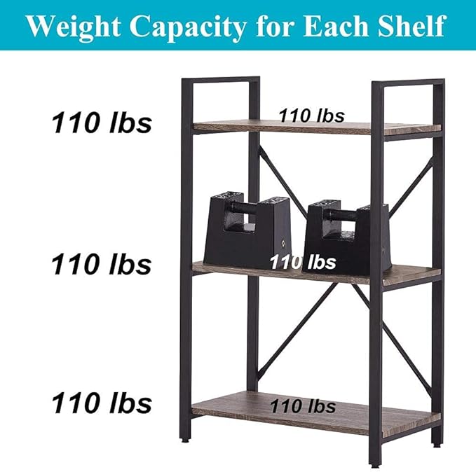 BON AUGURE 3 Tier Bookshelf, Small Rustic Book shelf, Short Industrial Wood Metal Standing Bookcase Etagere for Office, Bedroom and Living Room (Dark Gray Oak) - LeafyLoom