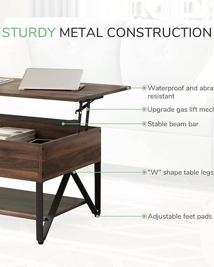 Novilla Lift Top Coffee Table with Storage 40 Inch Wood Lift Up Center Table for Living Room Tea Table with Hidden Compartment Rising Tabletop Table Cocktail Table, Walnut - LeafyLoom