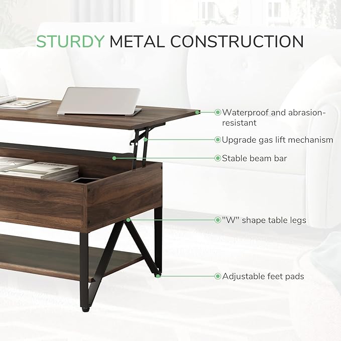 Novilla Lift Top Coffee Table with Storage 40 Inch Wood Lift Up Center Table for Living Room Tea Table with Hidden Compartment Rising Tabletop Table Cocktail Table, Walnut - LeafyLoom