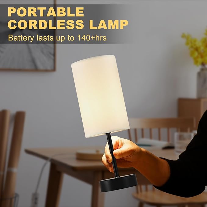 Cordless Table Lamp, Built-in 5000mAh Fast Rechargeable Table Lamp Cordless,Stepless Dimmable Battery Powered Lamp, Wireless Lamp with Memory Function, Lasting 140+H,Black - LeafyLoom