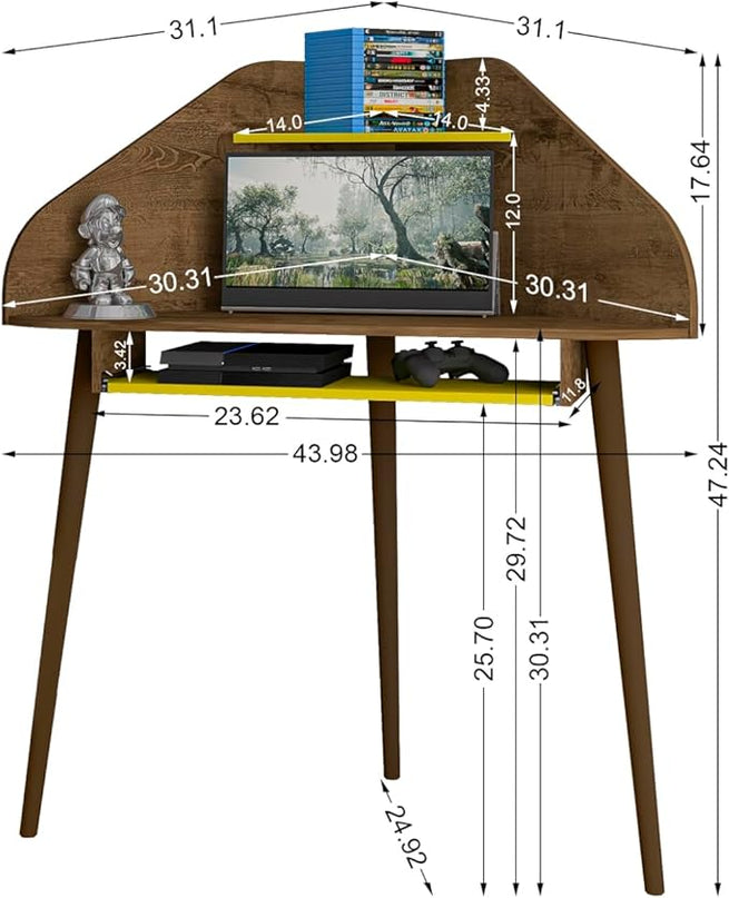 Manhattan Comfort Bradley Mid Century Modern Home Office Floating Corner Desk with Keyboard Shelf, 43.98", Rustic Brown/Yellow - LeafyLoom