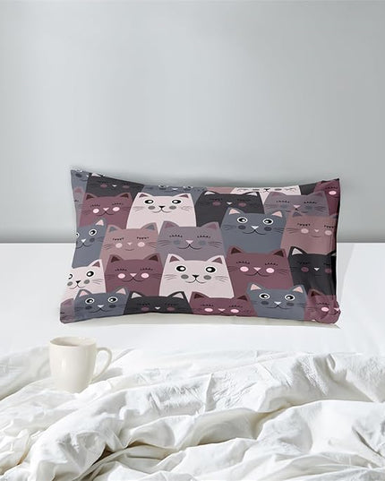 Cat Twin Comforter Set for Bedroom - 2Pcs Grey Cat Comforter Set for Teens Kids Cute Cartoon Cat Bedding Set Ultra Soft Warm Lightweight Kawaii Animal Patterns Comforter with Pillowcase - LeafyLoom