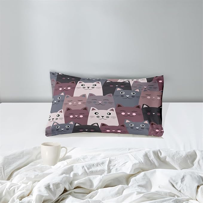 Cat Twin Comforter Set for Bedroom - 2Pcs Grey Cat Comforter Set for Teens Kids Cute Cartoon Cat Bedding Set Ultra Soft Warm Lightweight Kawaii Animal Patterns Comforter with Pillowcase - LeafyLoom