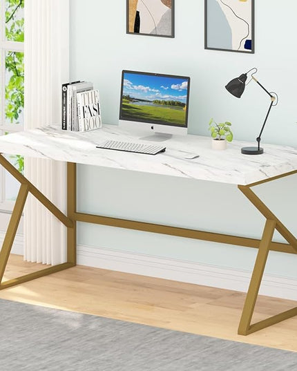 HSH White Faux Marble and Gold Desk, Modern Home Office Executive PC Laptop Computer Desk, Farmhouse Writing Study Work Gaming Table for Bedroom Living Room, Simple Metal Wood Workstation, 55 Inch - LeafyLoom