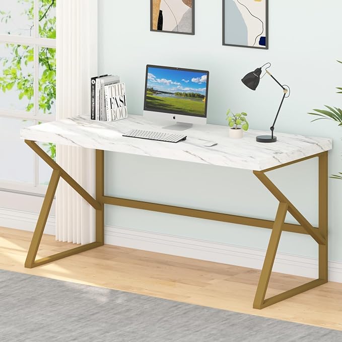 HSH White Faux Marble and Gold Desk, Modern Home Office Executive PC Laptop Computer Desk, Farmhouse Writing Study Work Gaming Table for Bedroom Living Room, Simple Metal Wood Workstation, 55 Inch - LeafyLoom