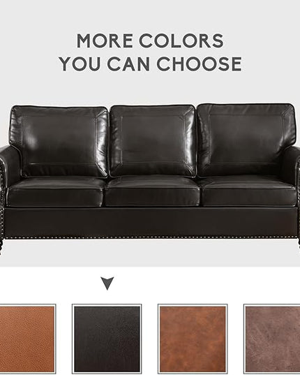 Dreamsir 79'' Traditional Faux Leather Sofa Couch with Nailhead Trim, Classic 3-Seater Couch with Rolled Arms for Living Room, Bedroom, Apartment, Easy Assembly (Charcoal) - LeafyLoom