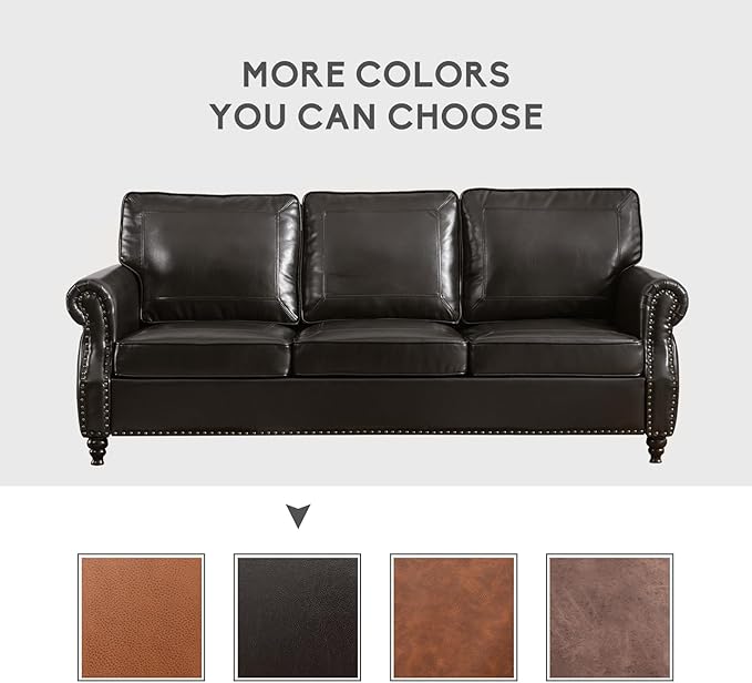 Dreamsir 79'' Traditional Faux Leather Sofa Couch with Nailhead Trim, Classic 3-Seater Couch with Rolled Arms for Living Room, Bedroom, Apartment, Easy Assembly (Charcoal) - LeafyLoom