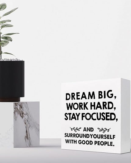 Motivational Wood Box Sign Desk Decor,Dream Big Work Hard Stay Focused Wood Plaque Signs,Rustic Positive Wooden Block Sign Decor for Office Workplace Classroom Shelf Table Decoration C1077 - LeafyLoom