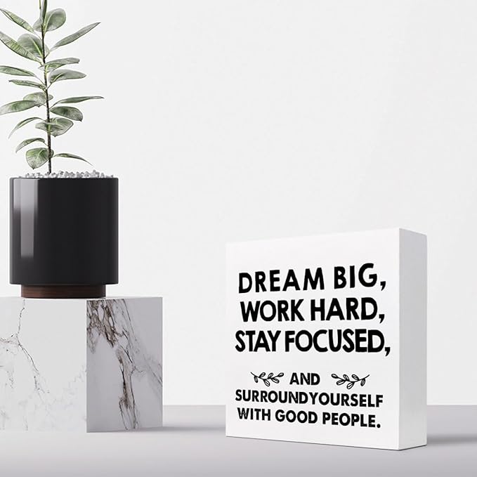 Motivational Wood Box Sign Desk Decor,Dream Big Work Hard Stay Focused Wood Plaque Signs,Rustic Positive Wooden Block Sign Decor for Office Workplace Classroom Shelf Table Decoration C1077 - LeafyLoom