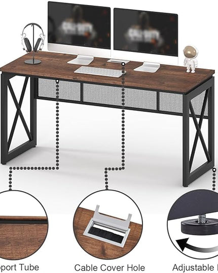 BON AUGURE 60 Inch Computer Desk for Home Office, Industrial Metal Wood Desk, Farmhouse Large Writing Desk, Modern Sturdy Gaming Desk (Rustic Oak) - LeafyLoom