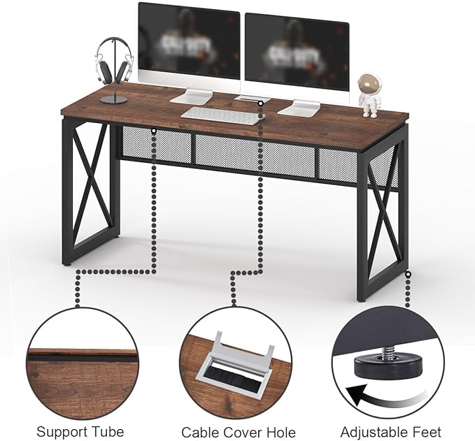 BON AUGURE 60 Inch Computer Desk for Home Office, Industrial Metal Wood Desk, Farmhouse Large Writing Desk, Modern Sturdy Gaming Desk (Rustic Oak) - LeafyLoom