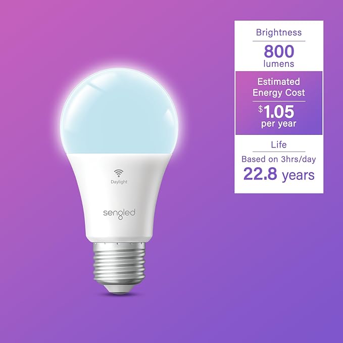 Sengled G2 Smart Light Bulbs That Compatible with Alexa & Google Assistant, Wi-Fi & Bluetooth LED Light Bulbs Dimmable, Led Bulbs 5000K Daylight, No Hub Required, 60W Equiv. 800LM CRI>90, 4 Pack Sengled