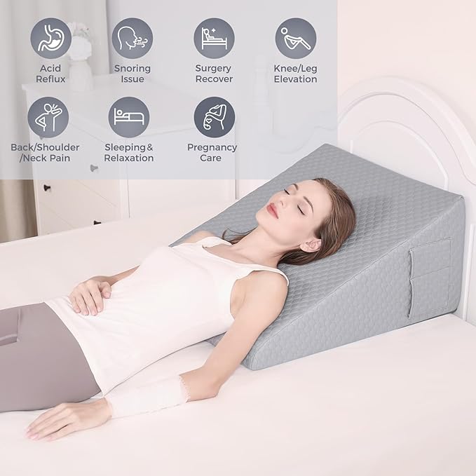 Bed Wedge Pillow for Sleeping 7.5" Memory Foam Wedge Pillow for After Surgery Triangle Pillow Wedge for Acid Reflux Snoring Heartburn GERD Back Support Leg Elevation, Removable Washable Cover - Gray - LeafyLoom