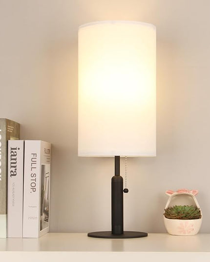 Bedside Table Lamp for Nightstand Living Room Lamps for Bedroom Metal Fabric Pull Chain Switch Small Desk Lamps 3-Color Temperatures Home Office End Table Room Décor (White+Black) - LeafyLoom