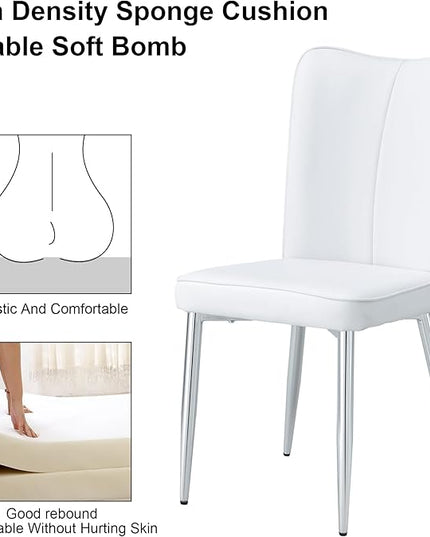 Modern Dining Chairs Set of 2, PU Leather Seat Cushions White Dining Room Chair, with Silver Metal Legs Kitchen Chair for Home Living Room, Restaurant, White Chair Silver Legs - LeafyLoom