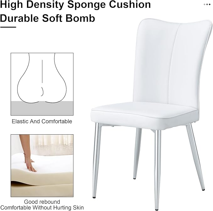 Modern Dining Chairs Set of 2, PU Leather Seat Cushions White Dining Room Chair, with Silver Metal Legs Kitchen Chair for Home Living Room, Restaurant, White Chair Silver Legs - LeafyLoom