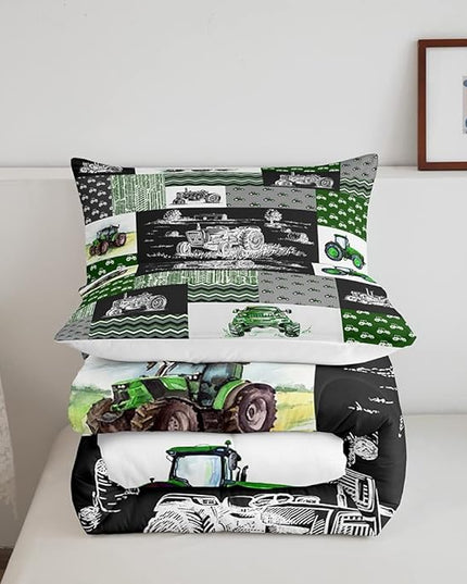 Equipment Trucks Comforter Set Queen, Tractor Down Comforter, Green Vehicle Duvet Set for Child Kids Child Boys Teens Construction Excavator Construction Site Car Quilt Set for Bedroom Decor Gift - LeafyLoom