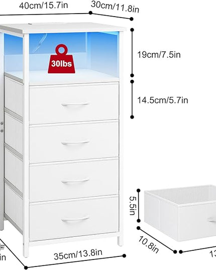 Fixwal Dresser for Bedroom, LED Tall Nightstand with Charging Station Night Stand with USB Ports and Outlets, 4 Fabric Storage Drawers with PU Finish, Bed Side Table, White - LeafyLoom