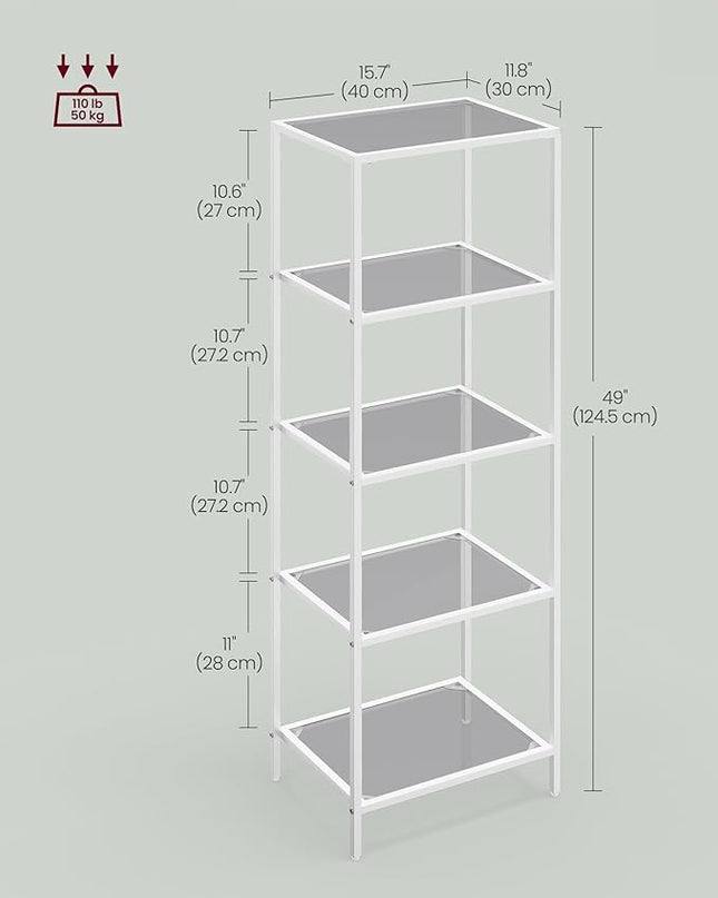 VASAGLE Bookcase, 5-Tier Bookshelf, Slim Shelving Unit for Bedroom, Bathroom, Home Office, Tempered Glass, Steel Frame, Pearl White and Slate Gray ULGT029W01 - LeafyLoom