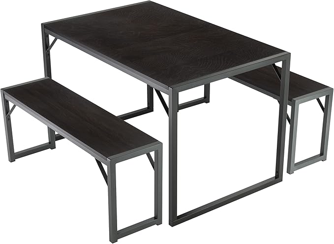 SHA CERLIN 3-Piece Dining Table Set with 2 Benches, Rustic Kitchen Table Set for 4-6, Space-Saving Dinette, Sturdy Structure, Easy Assemble, Black/Grey - LeafyLoom