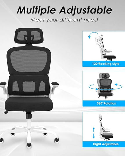 Soohow Ergonomic Home Office Chair, Mesh Desk Chair with Lumbar Support, Comfy Computer Desk Chair with Flip Armrest Rolling Wheels, Adjustable Headrest, White. - LeafyLoom