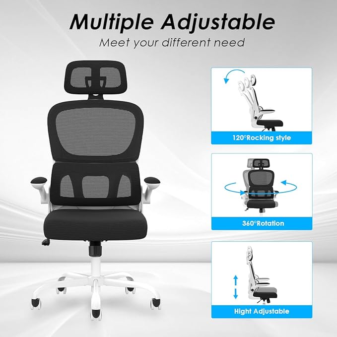 Soohow Ergonomic Home Office Chair, Mesh Desk Chair with Lumbar Support, Comfy Computer Desk Chair with Flip Armrest Rolling Wheels, Adjustable Headrest, White. - LeafyLoom