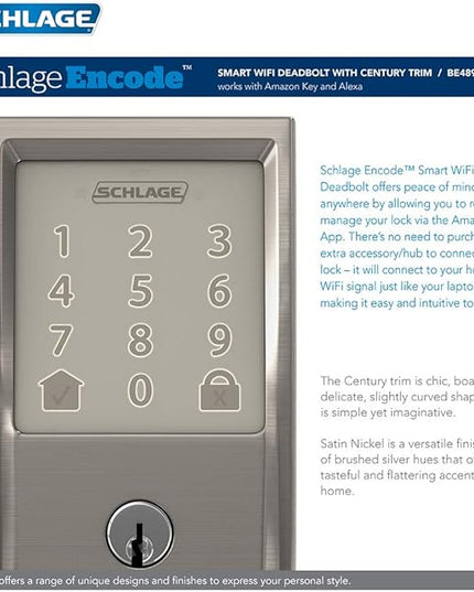 Schlage Encode Wi-Fi Smart Lock with Century Handleset Entry Set for Front Door, Satin Nickel SchlageLockCompany